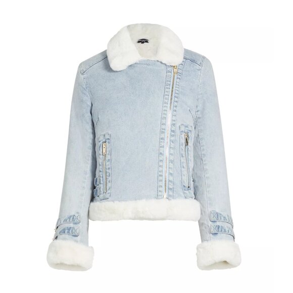NEW Generation Love - Size M, Molly Denim & Faux Fur Moto Jacket - Light Blue - Picture 1 of 7